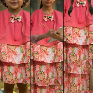 Premium Pink Diamond Printed One Piece Dress with Bow & Shrug Style Design