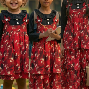 Exclusive Maroon Cherry Printed One Piece Dress with Black Frill Neck & Bows