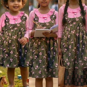 Premium Olive Green & Baby Pink One Piece Dress with Floral Print