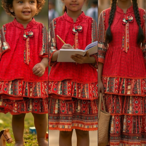 Exclusive Red Ethnic Printed One Piece Dress with Bow Detail & Layered Frill