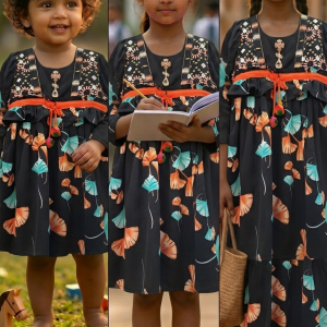Premium Black One Piece Dress with Ginkgo Leaf Print