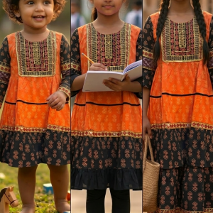 Premium Orange & Black Ethnic Embroidered One Piece Dress
