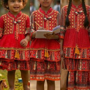 Premium Red Balochi-Style Embroidered One Piece Dress with Tassels