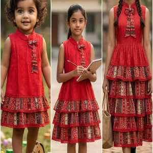 Premium Red Ethnic Printed One Piece Dress for Girls with Bow Detail