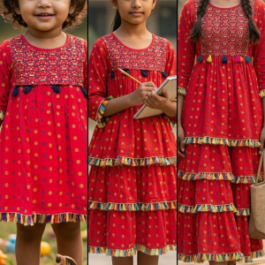 Exclusive Red Boho-Style One Piece Dress with Sequence Work & Colorful Tassels