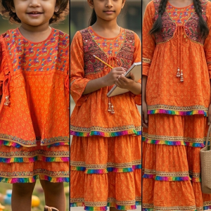 Exclusive Orange Embroidered One Piece Dress with Latkan Details