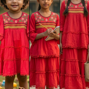 Exclusive Red Layered One Piece Dress with Floral Embroidery & Pom-Pom Lace