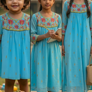 Premium Sky Blue Embroidered One Piece Dress with Golden Zari Work