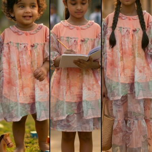 Premium Peach Floral Organza One Piece Dress